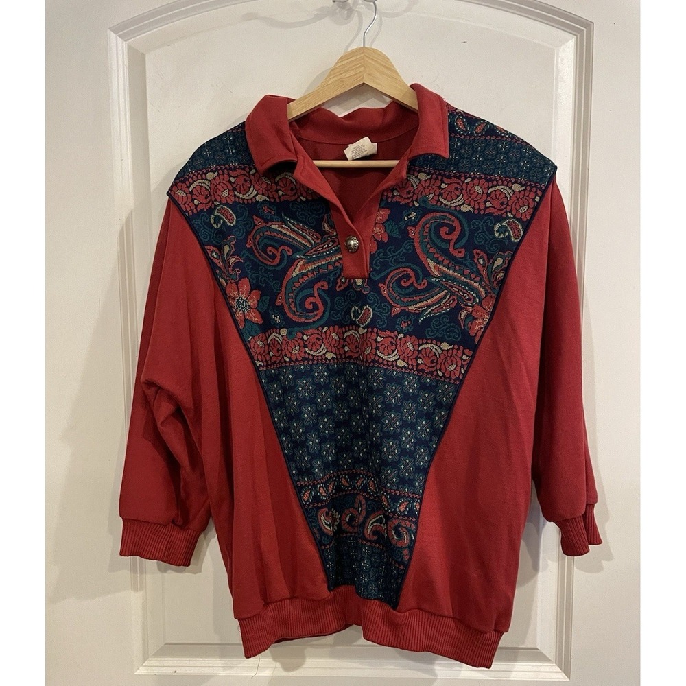 Lady Graff Vintage Collar Sweater Paisley 80s‎ Shoulder Pads 3/4 Sleeves 1XL